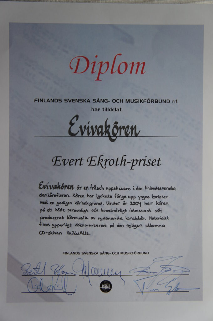 Bild av diplomet Evivakören fick när densamma tilldelades Evert Ekroth-priset.